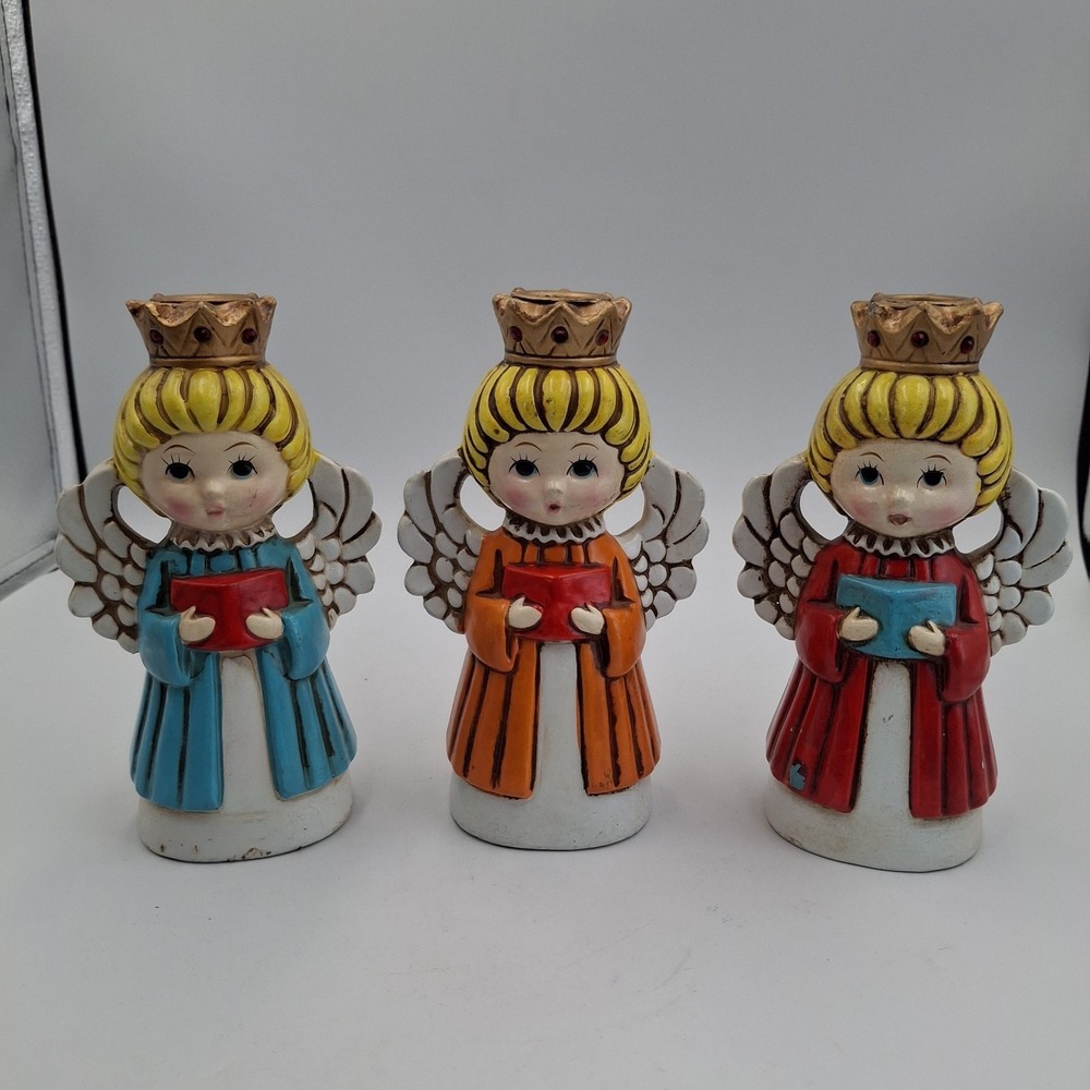 VTG Set of 3 Christmas Homco Choir Carolers Angels Candle Holders Christmas‎